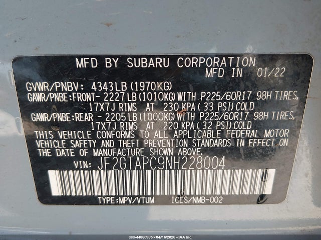 Aukcja sprzedaży 2022 Subaru Crosstrek Premium, vin: JF2GTAPC9NH228004, numer aukcji: 44860985