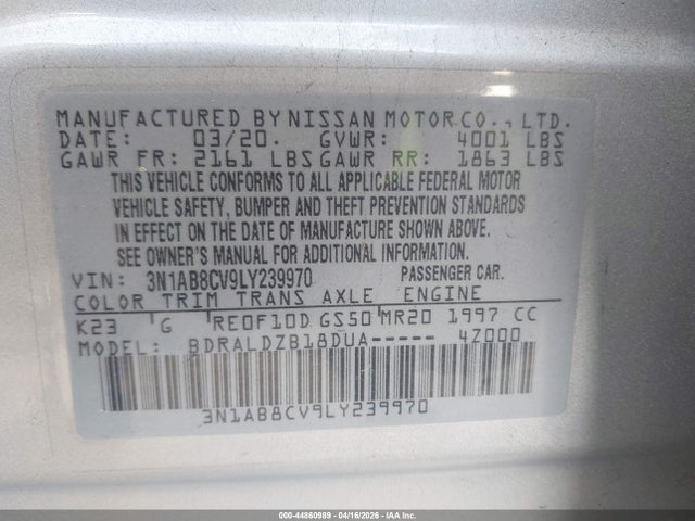 2020 Nissan Sentra Sv Xtronic Cvt მანქანა იყიდება აუქციონზე, vin: 3N1AB8CV9LY239970, აუქციონის ნომერი: 44860989