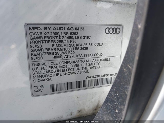 2023 Audi Q7 Premium Plus 45 Tfsi Quattro Tiptronic მანქანა იყიდება აუქციონზე, vin: WA1LCBF72PD019425, აუქციონის ნომერი: 44860992