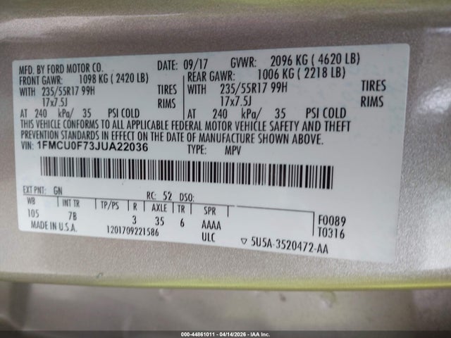 Aukcja sprzedaży 2018 Ford Escape S, vin: 1FMCU0F73JUA22036, numer aukcji: 44861011