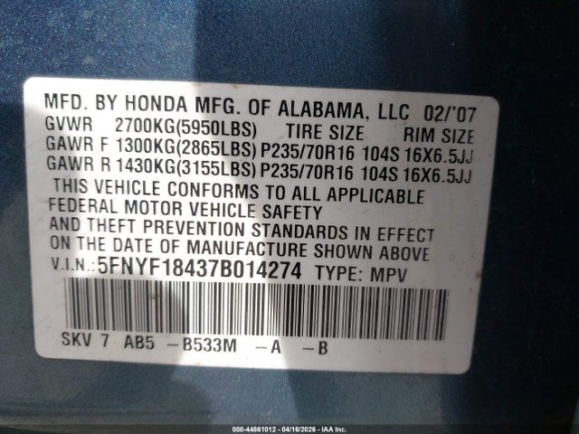 2007 HONDA PILOT 5FNYF18437B014274 Photo 8