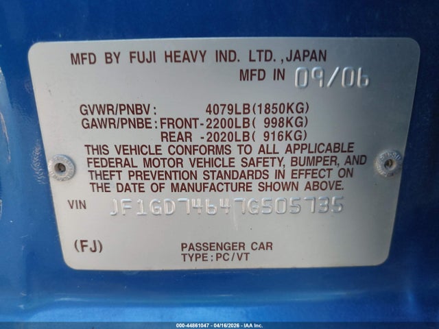 Продажа на аукционе авто 2007 Subaru Impreza Wrx, vin: JF1GD74647G505735, номер лота: 44861047