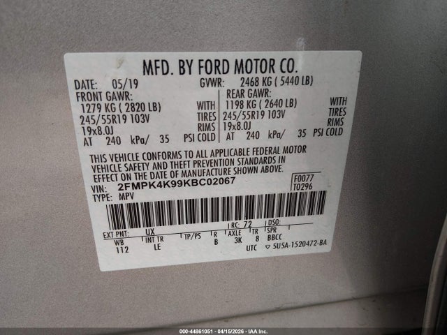 Продажа на аукционе авто 2019 Ford Edge Titanium, vin: 2FMPK4K99KBC02067, номер лота: 44861051