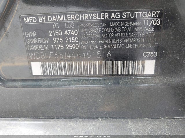 Продаж на аукціоні авто 2004 Mercedes-benz E 320, vin: WDBUF65J44A451516, номер лоту: 44861054