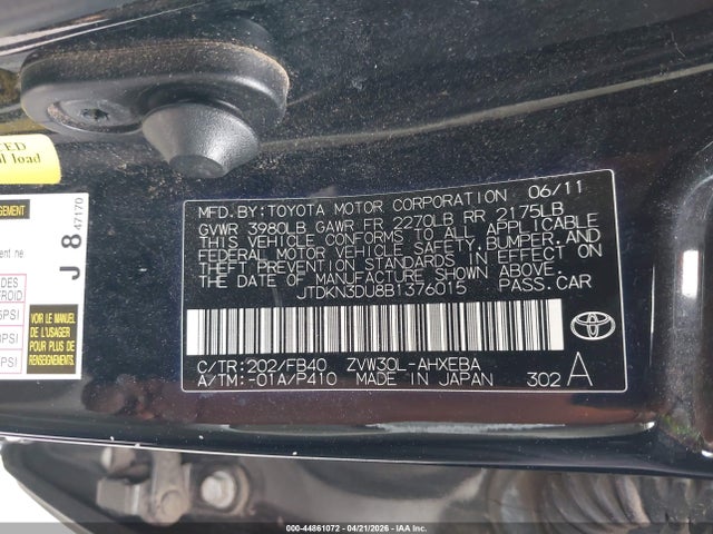 Продажа на аукционе авто 2011 Toyota Prius Two, vin: JTDKN3DU8B1376015, номер лота: 44861072
