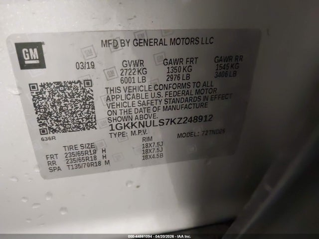 Продажа на аукционе авто 2019 Gmc Acadia Slt-1, vin: 1GKKNULS7KZ248912, номер лота: 44861094