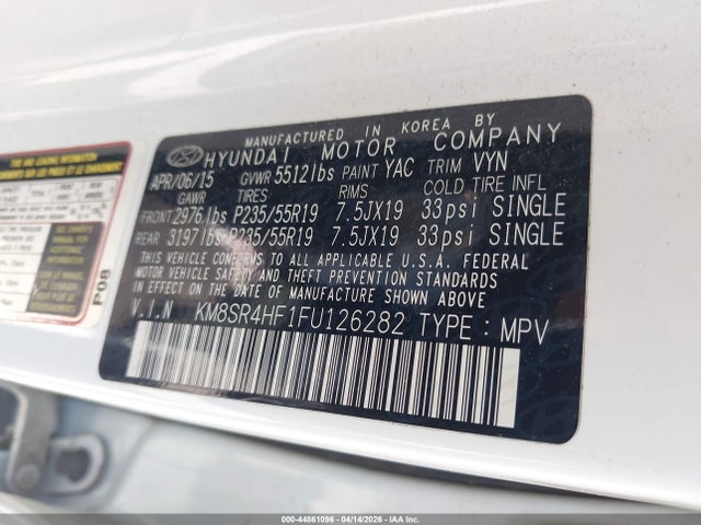 Aukcja sprzedaży 2015 Hyundai Santa Fe Gls, vin: KM8SR4HF1FU126282, numer aukcji: 44861096