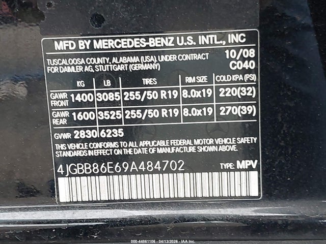 Aukcja sprzedaży 2009 Mercedes-benz Ml 350 4matic, vin: 4JGBB86E69A484702, numer aukcji: 44861106