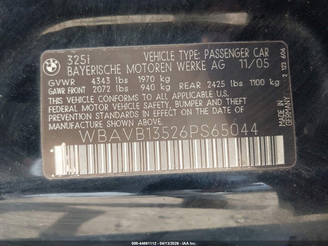 44861112 :رقم المزاد ، WBAVB13526PS65044 vin ، 2006 Bmw 325i مزاد بيع