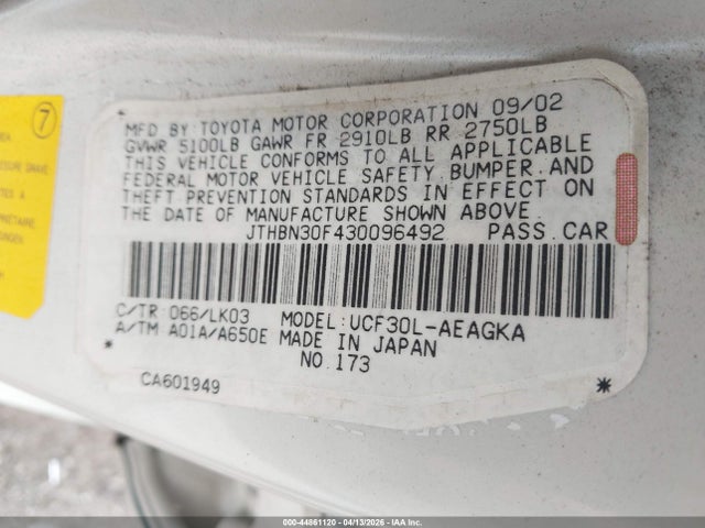 44861120 :رقم المزاد ، JTHBN30F430096492 vin ، 2003 Lexus Ls 430 مزاد بيع