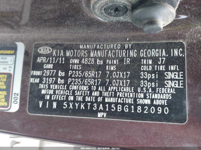 Auction sale of the 2011 Kia Sorento Lx, vin: 5XYKT3A15BG182090, lot number: 44861123