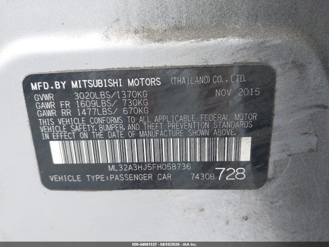 Продаж на аукціоні авто 2015 Mitsubishi Mirage De/rf, vin: ML32A3HJ5FH058736, номер лоту: 44861127