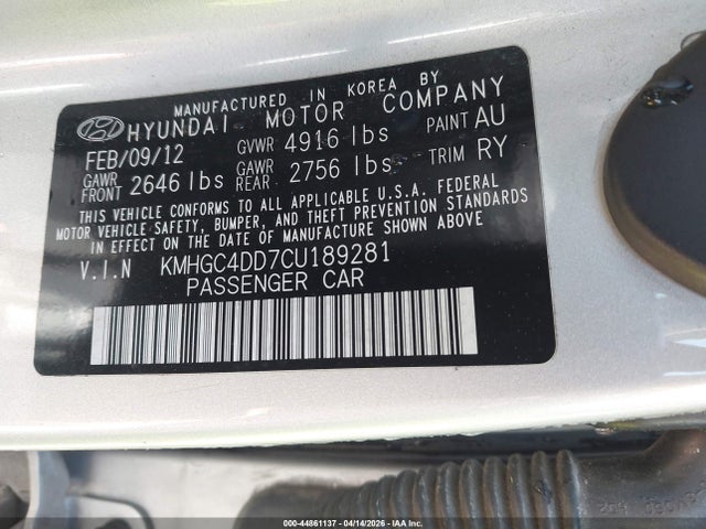 2012 Hyundai Genesis 3.8 მანქანა იყიდება აუქციონზე, vin: KMHGC4DD7CU189281, აუქციონის ნომერი: 44861137