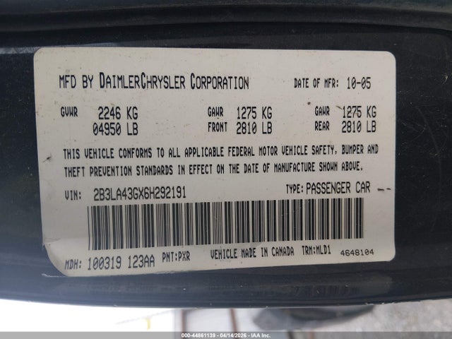 44861139 :رقم المزاد ، 2B3LA43GX6H292191 vin ، 2006 Dodge Charger مزاد بيع
