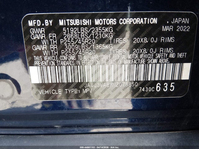 Aukcja sprzedaży 2022 Mitsubishi Outlander Sel 2.5 2wd/sel Special Edition 2wd, vin: JA4J3VA8XNZ075850, numer aukcji: 44861153
