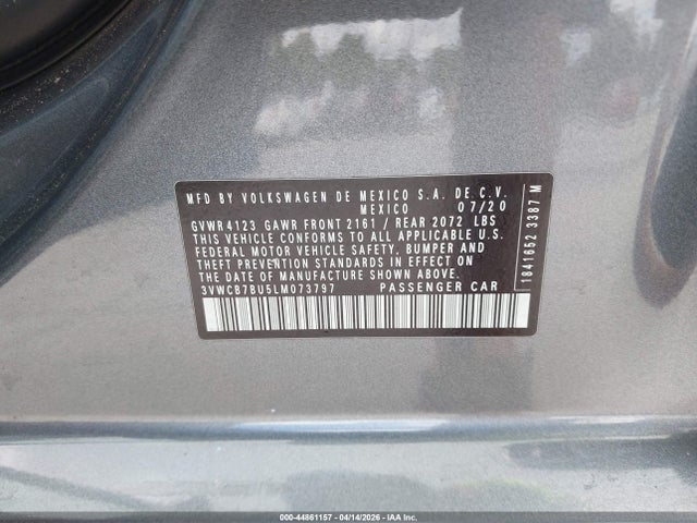 44861157 :رقم المزاد ، 3VWCB7BU5LM073797 vin ، 2020 Volkswagen Jetta 1.4t R-line/1.4t S/1.4t Se مزاد بيع