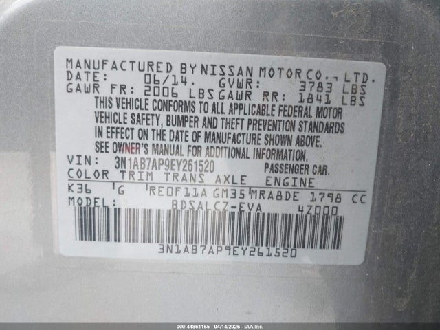 2014 Nissan Sentra S მანქანა იყიდება აუქციონზე, vin: 3N1AB7AP9EY261520, აუქციონის ნომერი: 44861165