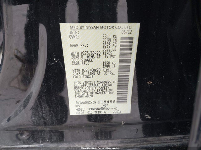 Продажа на аукционе авто 2012 Nissan Armada Platinum, vin: 5N1AA0NC7CN618486, номер лота: 44861166