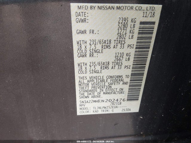 2018 Nissan Murano S მანქანა იყიდება აუქციონზე, vin: 5N1AZ2MH8JN202476, აუქციონის ნომერი: 44861172