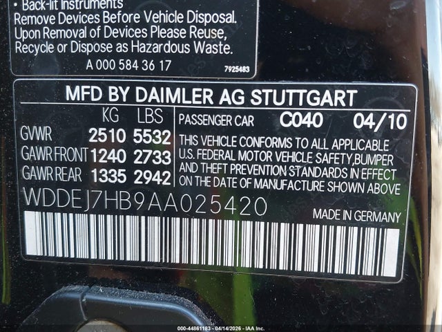 44861183 :رقم المزاد ، WDDEJ7HB9AA025420 vin ، 2010 Mercedes-benz Cl 63 Amg مزاد بيع