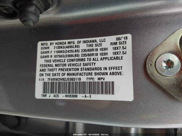 44861187 :رقم المزاد ، 7FARW2H92JE065119 vin ، 2018 Honda Cr-v Touring مزاد بيع