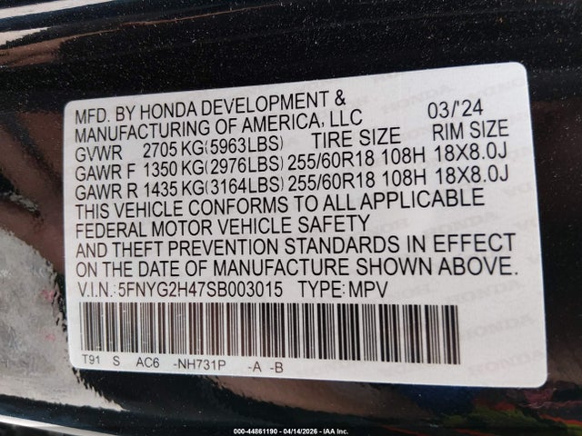 2025 Honda Pilot Ex-l მანქანა იყიდება აუქციონზე, vin: 5FNYG2H47SB003015, აუქციონის ნომერი: 44861190