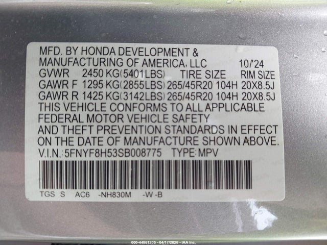 44861205 :رقم المزاد ، 5FNYF8H53SB008775 vin ، 2025 Honda Passport Ex-l مزاد بيع