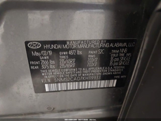 5NMS2CAD7KH119933 Hyundai Santa Fe Se