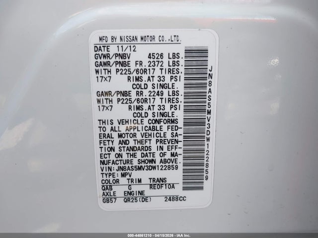 2013 Nissan Rogue Sv მანქანა იყიდება აუქციონზე, vin: JN8AS5MV3DW122859, აუქციონის ნომერი: 44861210