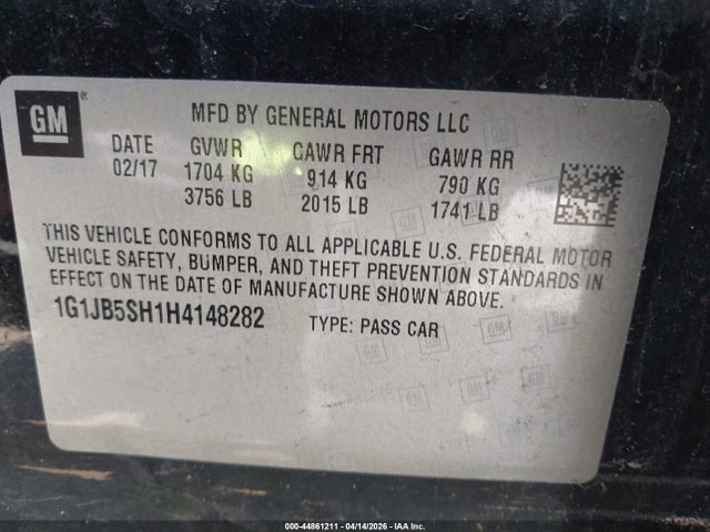Aukcja sprzedaży 2017 Chevrolet Sonic Ls Auto, vin: 1G1JB5SH1H4148282, numer aukcji: 44861211