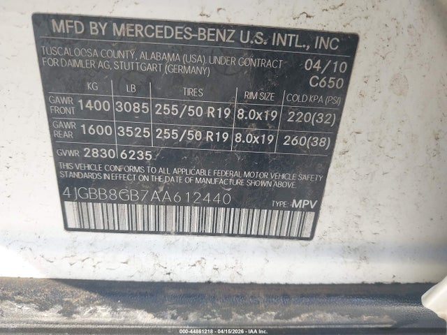 Aukcja sprzedaży 2010 Mercedes-benz Ml 350 4matic, vin: 4JGBB8GB7AA612440, numer aukcji: 44861218