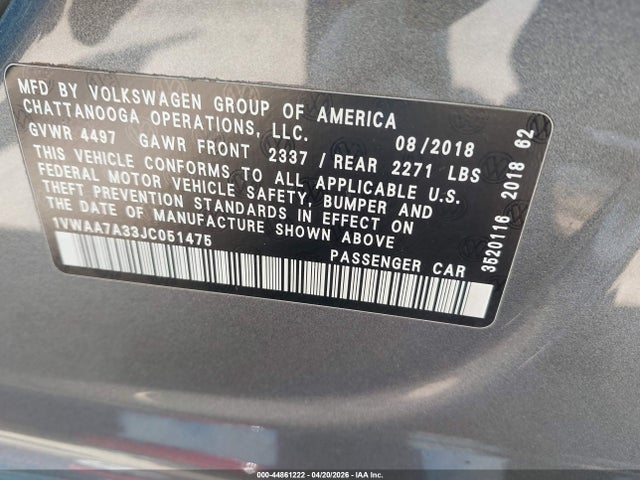 2018 Volkswagen Passat 2.0t R-line/2.0t S მანქანა იყიდება აუქციონზე, vin: 1VWAA7A33JC051475, აუქციონის ნომერი: 44861222
