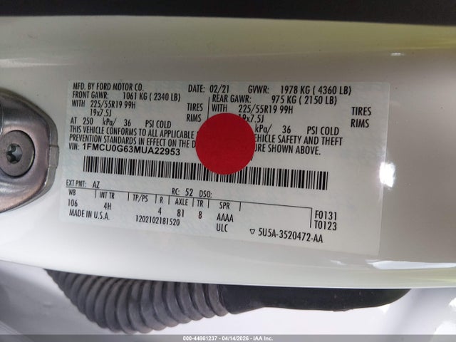 44861237 :رقم المزاد ، 1FMCU0G63MUA22953 vin ، 2021 Ford Escape Se مزاد بيع