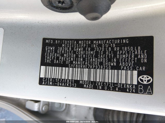 5YFBURHE7KP938250 Toyota COROLLA LE