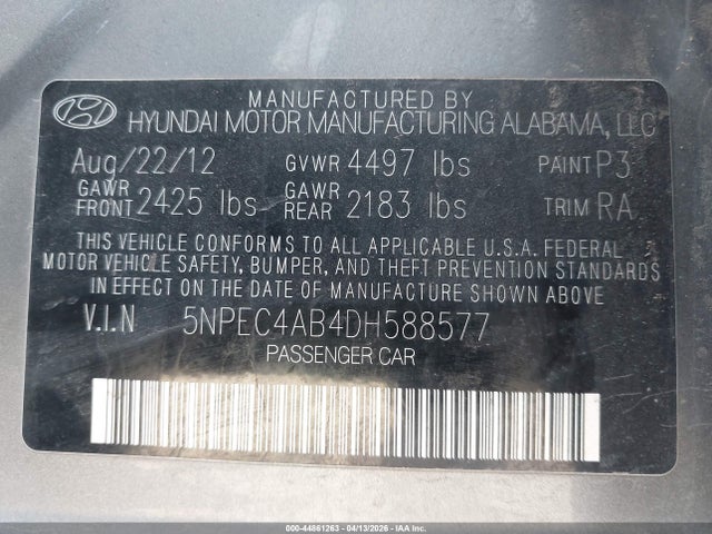 2013 Hyundai Sonata Limited 2.0t მანქანა იყიდება აუქციონზე, vin: 5NPEC4AB4DH588577, აუქციონის ნომერი: 44861263