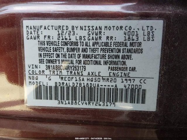 Продаж на аукціоні авто 2024 Nissan Sentra Sv Xtronic Cvt, vin: 3N1AB8CV4RY263179, номер лоту: 44861271