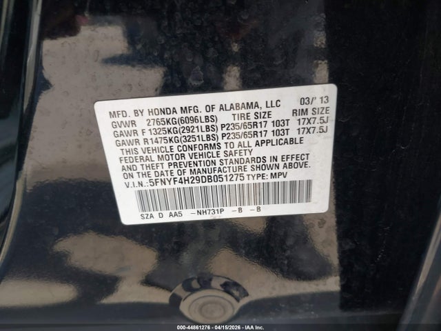 2013 Honda Pilot Lx მანქანა იყიდება აუქციონზე, vin: 5FNYF4H29DB051275, აუქციონის ნომერი: 44861276