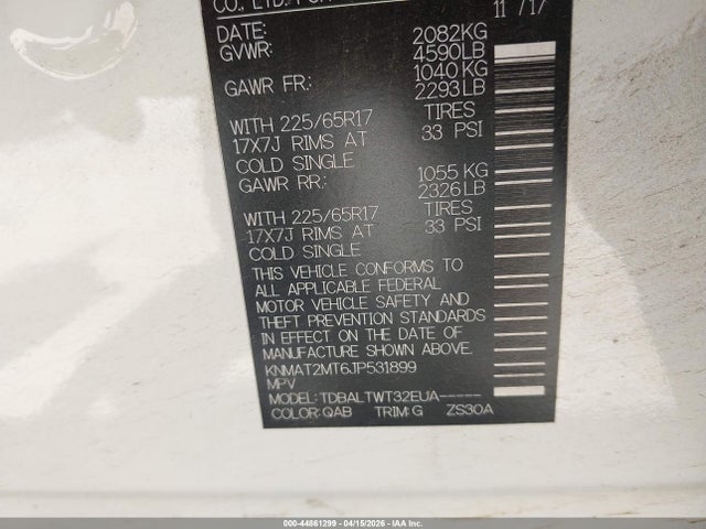 44861299 :رقم المزاد ، KNMAT2MT6JP531899 vin ، 2018 Nissan Rogue Sv مزاد بيع