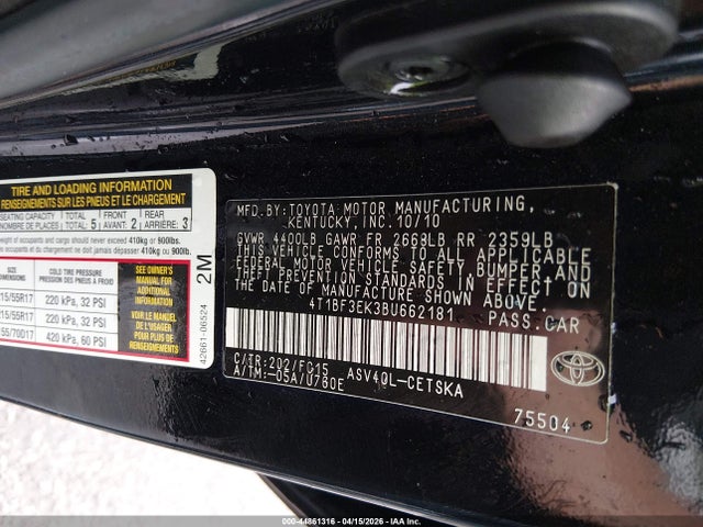 44861316 :رقم المزاد ، 4T1BF3EK3BU662181 vin ، 2011 Toyota Camry Se مزاد بيع