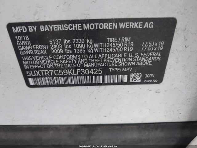 Aukcja sprzedaży 2019 Bmw X3 Sdrive30i, vin: 5UXTR7C59KLF30425, numer aukcji: 44861326
