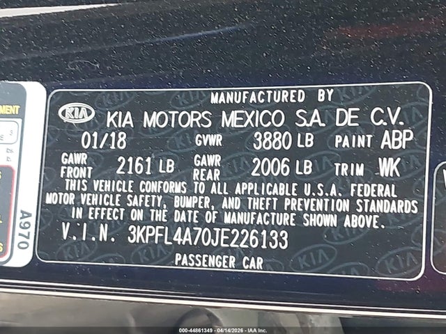 Продажа на аукционе авто 2018 Kia Forte S, vin: 3KPFL4A70JE226133, номер лота: 44861349