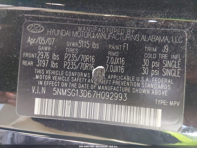 Aukcja sprzedaży 2007 Hyundai Santa Fe Gls, vin: 5NMSG13D67H092993, numer aukcji: 44861368