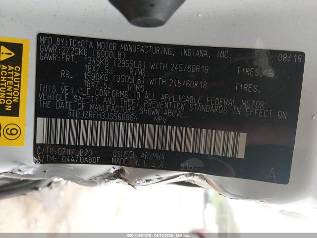 Aukcja sprzedaży 2018 Toyota Highlander Xle, vin: 5TDJZRFH3JS560864, numer aukcji: 44861379