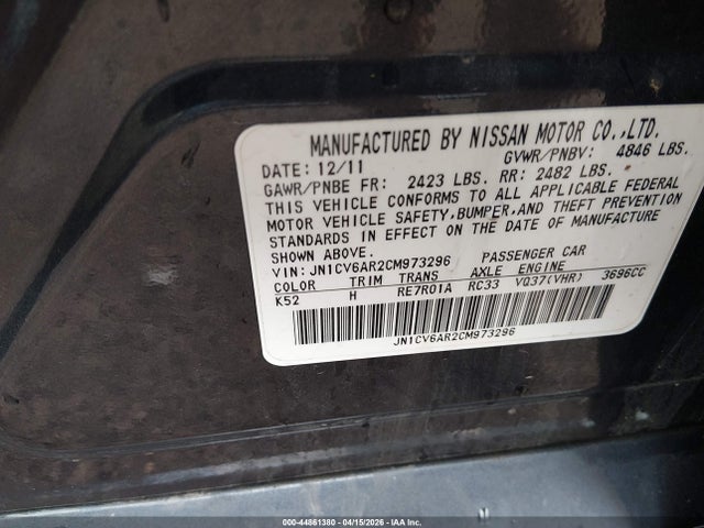 Aukcja sprzedaży 2012 Infiniti G37x, vin: JN1CV6AR2CM973296, numer aukcji: 44861380