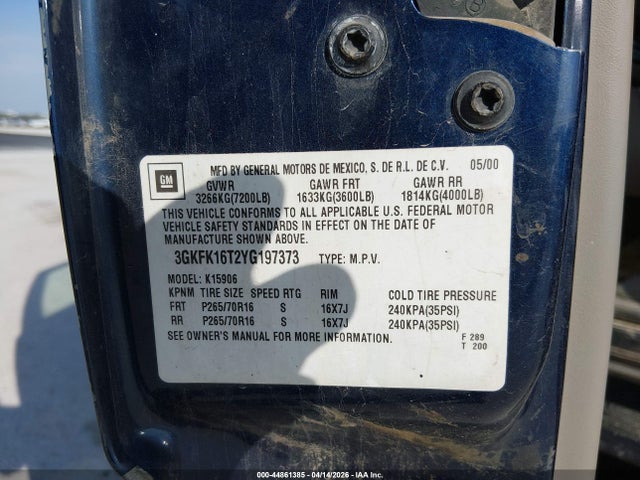 2000 Gmc Yukon Xl 1500 Slt მანქანა იყიდება აუქციონზე, vin: 3GKFK16T2YG197373, აუქციონის ნომერი: 44861385