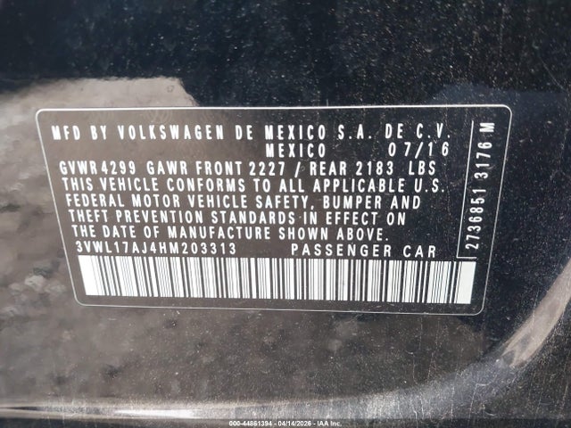 44861394 :رقم المزاد ، 3VWL17AJ4HM203313 vin ، 2017 Volkswagen Jetta 1.8t Sel Premium مزاد بيع