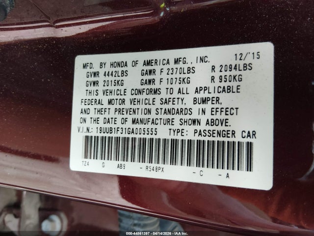 Auction sale of the 2016 Acura Tlx, vin: 19UUB1F31GA005555, lot number: 44861397