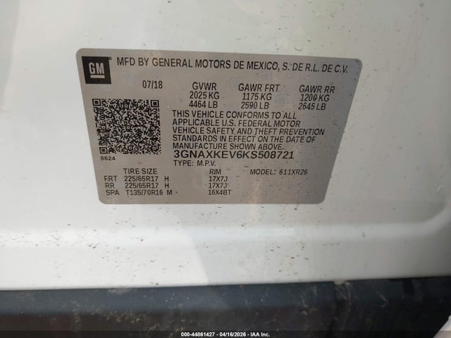 Продажа на аукционе авто 2019 Chevrolet Equinox Lt, vin: 3GNAXKEV6KS508721, номер лота: 44861427