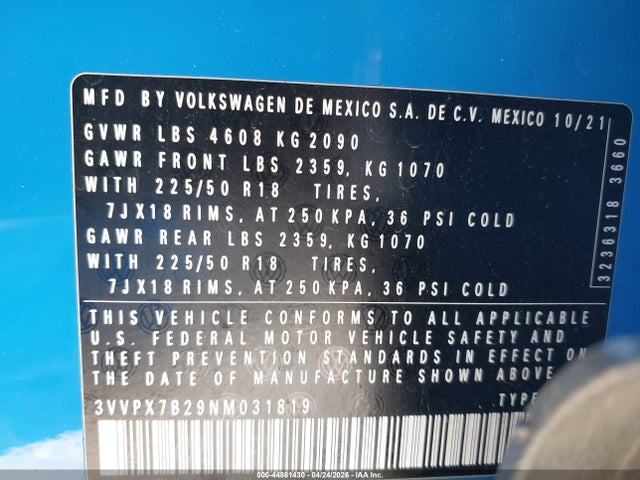 2022 Volkswagen Taos 1.5t Se მანქანა იყიდება აუქციონზე, vin: 3VVPX7B29NM031819, აუქციონის ნომერი: 44861430
