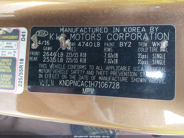 KNDPNCAC1H7106728 KIA Sportage Ex